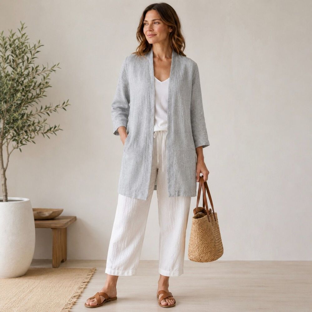 Eileen Fisher Organic Linen Open Front Duster Cardigan Blue Sz PM Quiet Luxury